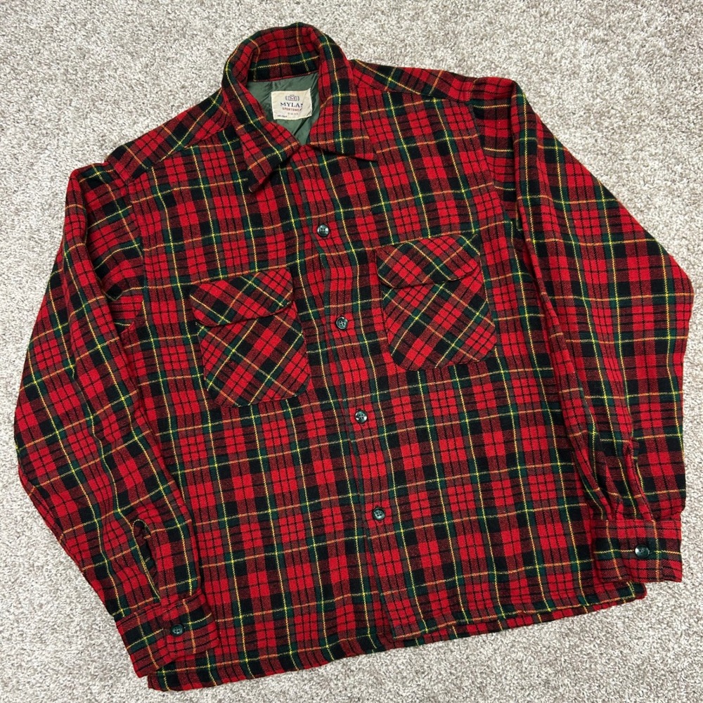 Vintage Mylan Flannel Board Shirt‎ 50s-60s Men Size Medium 15-15.5 Plaid